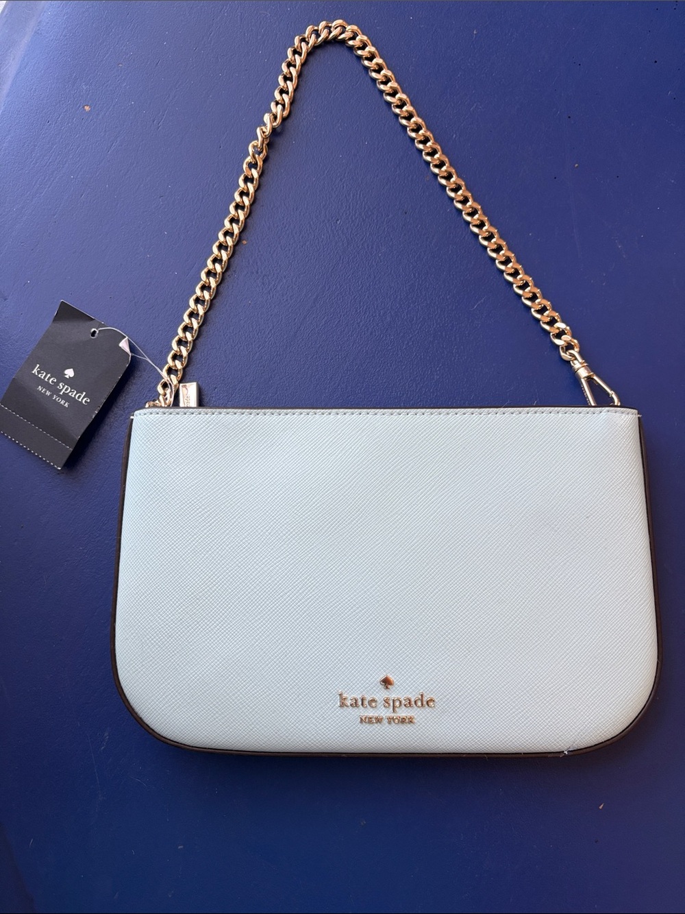 kate spade light blue chain clutch with gold hardware